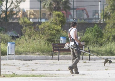 Imagen secundaria 1 - Maleza en el parque de Nazaret, un operario desbrozando la zona y mesa de picnic sin sombraje alguno. 