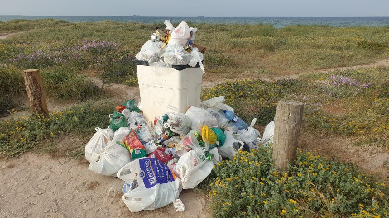 Bolsas de basura se amontonan fuera del contenedor. aavv la dehesa de el saler