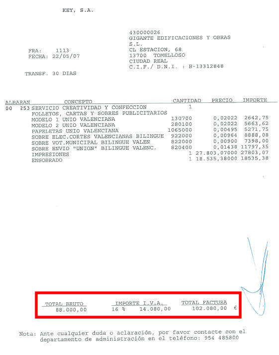 La factura por 102.800 euros a Key que certifica la financiación de la campaña de la formación regionalista.