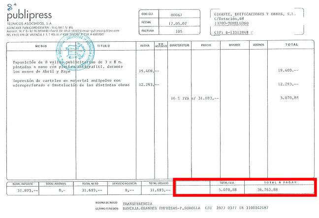 Gigante pagó vallas publicitarias. Publipress cobró casi 39.000 euros.