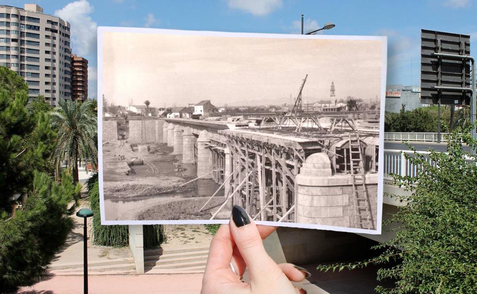 El puente de Campanar, durante su construcción, y actualmente, casi un siglo después. 