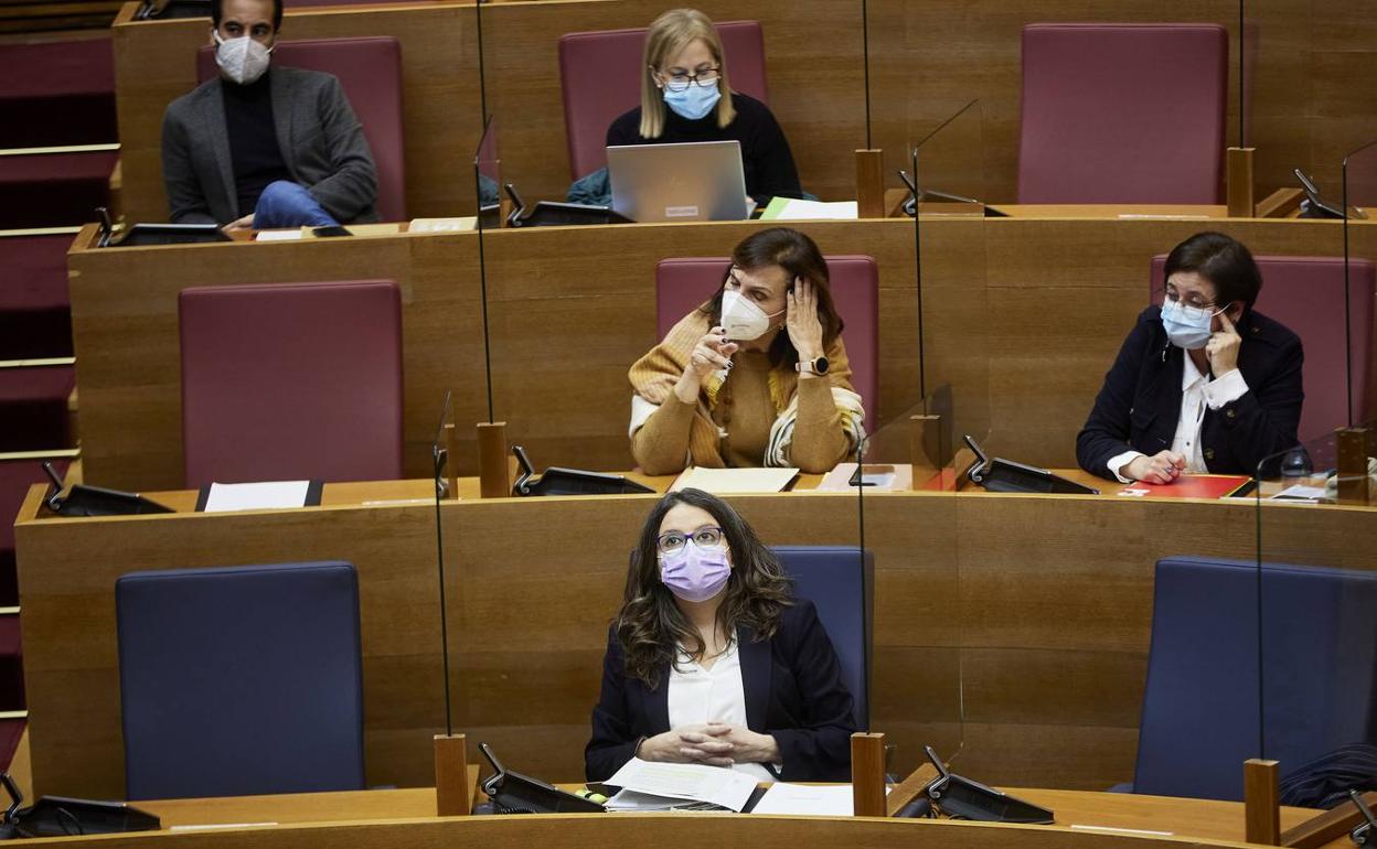 Mónica Oltra, en su antiguo escaño de Les Corts, durante un pleno por los abusos a niños tutelados 