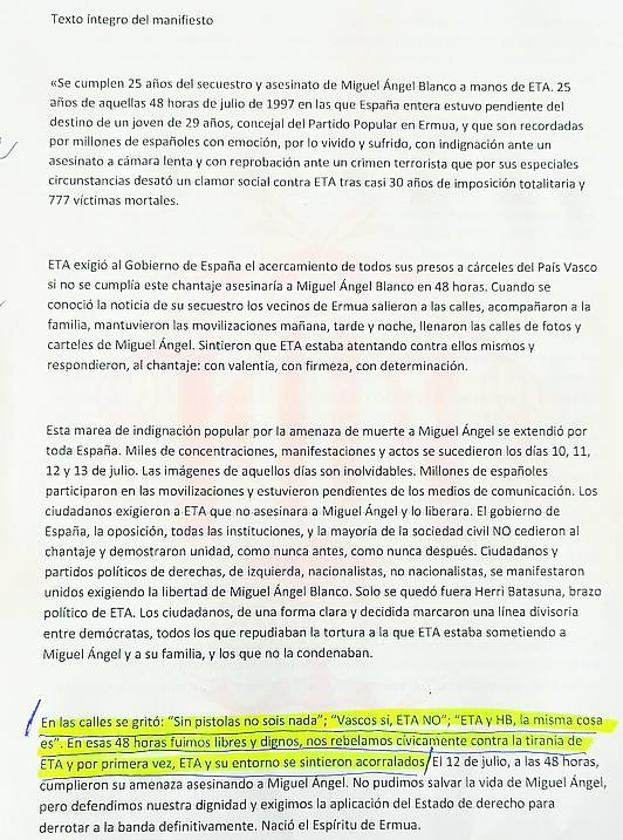 Eliminado. Texto señalado en color amarillo que el gobierno de Ribó ha eliminado o modificado del documento base de la fundación Miguel Ángel Blanco. 