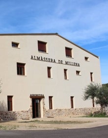 Imagen secundaria 2 - Arriba, Pau Ferrando en uno de los olivos milenarios de los que extraen su aceite M de Mil.lenàries. Abajo, la agrotienda y la fachada de la almazara, en Millena.