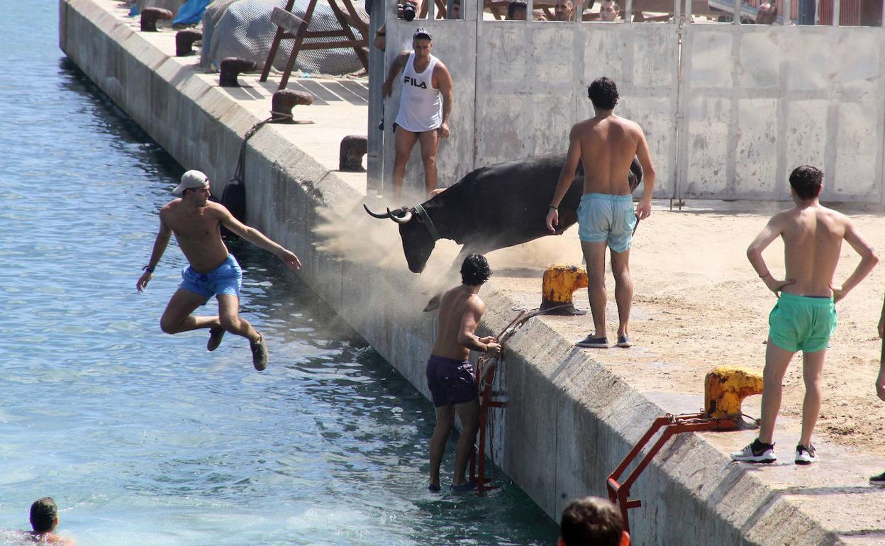 La primera sesión de los bous a la mar de Xàbia, celebrada hoy miércoles. 