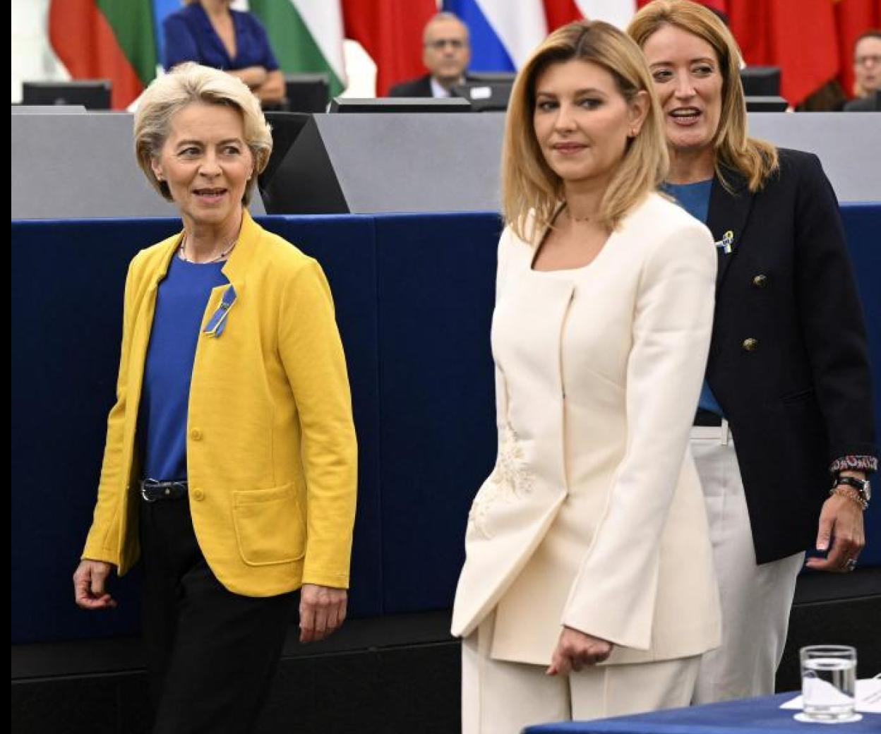 Von der Leyen, Zelenska y Metsola, en el Parlamento Europeo en Estrasburgo este miércoles,