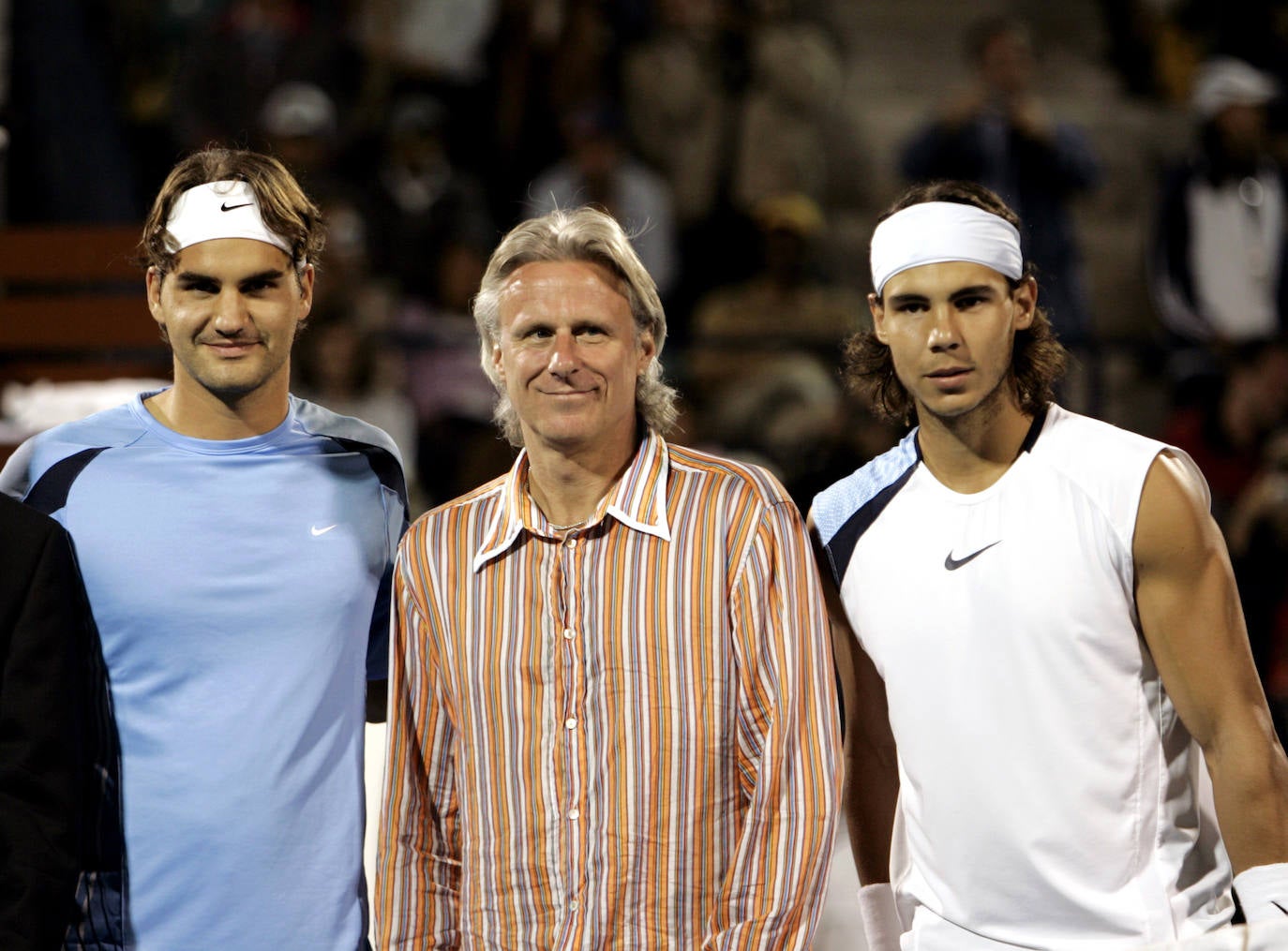 Federer, Borg y Nadal posando juntos en 2006.