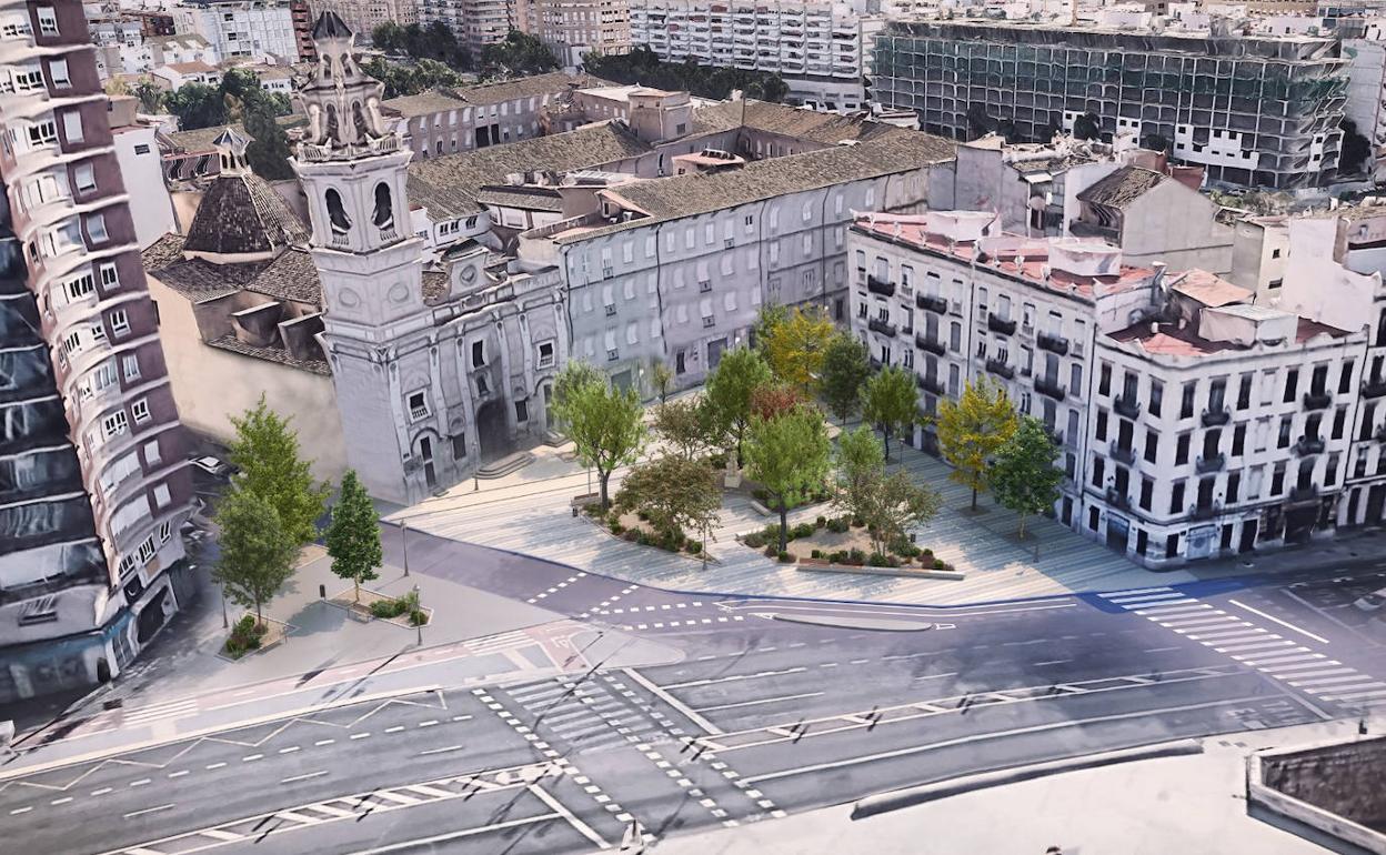 Recreación de la plaza de Santa Mónica tras la peatonalización. 