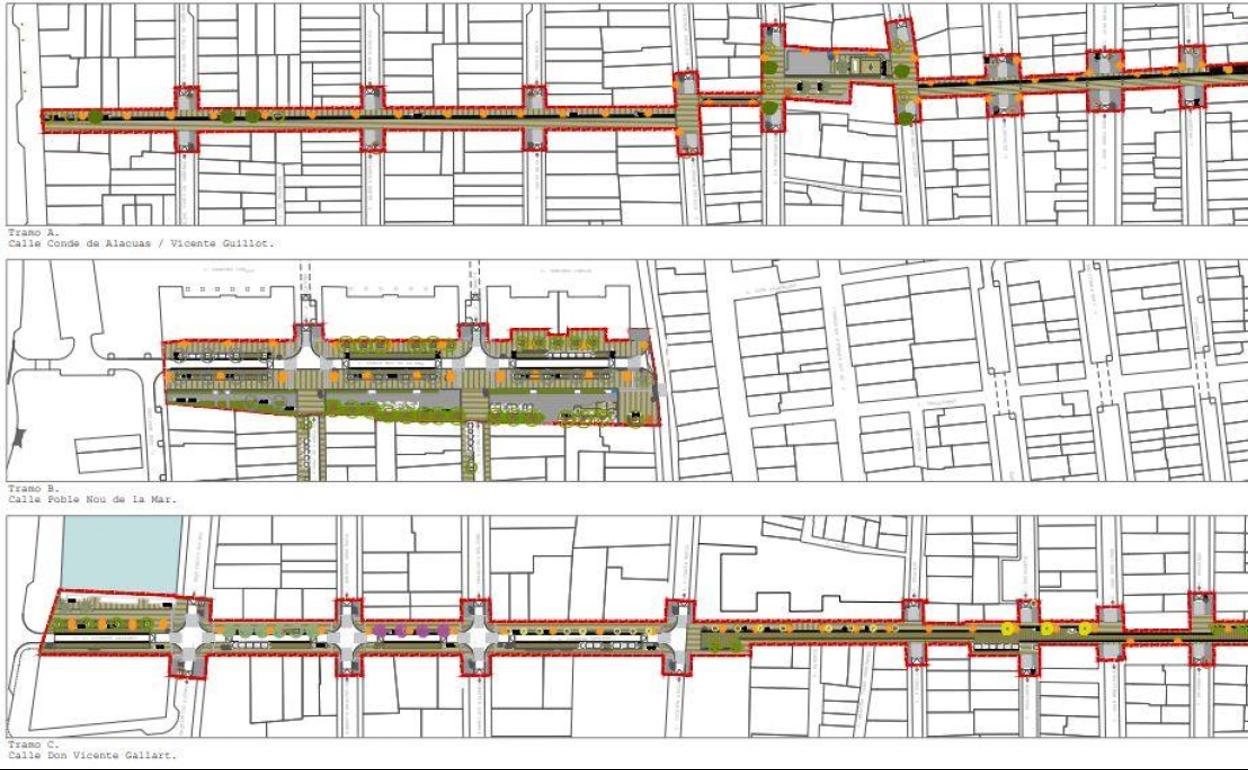 Los tres ejes peatonales, en el proyecto municipal. 