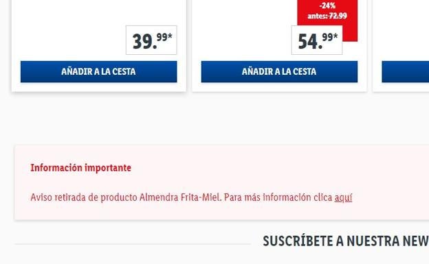 Aviso de Lidl en su página web. 