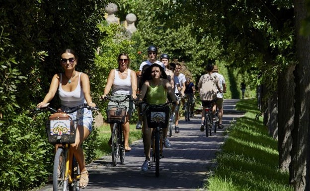 Decenas de ciclistas recorren el carril bici del Jardín del Turia. 