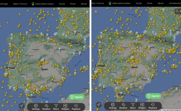 Comparativa del tráfico aéreo español con el espacio aéreo cerrado y abierto en la mañana de este viernes.