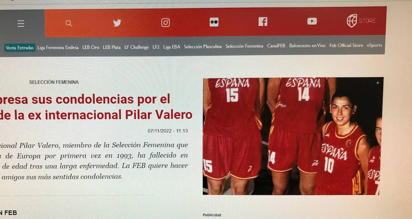 La Federación Española de Baloncesto muestra sus condolencias por la muerte de Pilar Valero en su página web. 