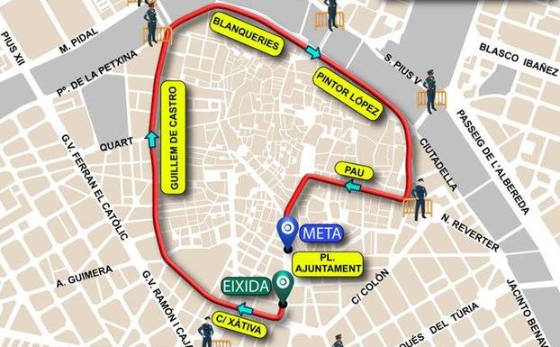 Mapa del recorrido de la carrera con las calles afectadas al tráfico