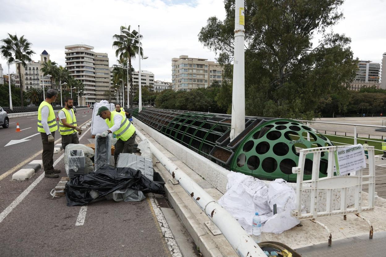 Vista panorámica del Puente de las Flores, a la espera de que el Ayuntamiento las reponga. 