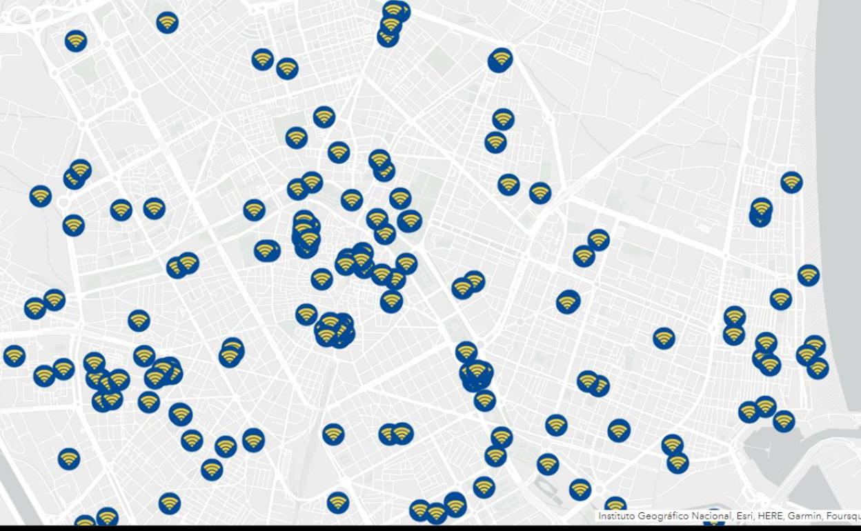 Mapa de Valencia con los puntos que ofrecen conexión wifi gratuita. 