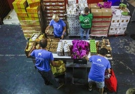 Voluntarios de Banco de Alimentos preparan paquetes para distribuir.