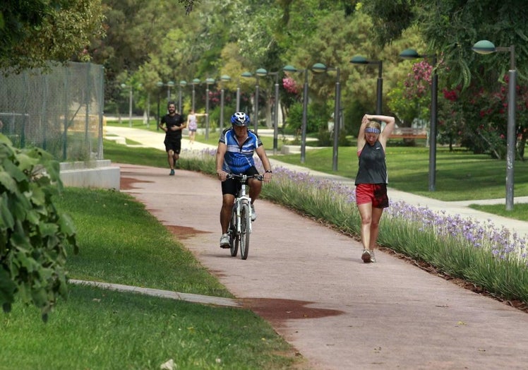 Un ciclista usa el carril destinado a los corredores, en el viejo cauce del Turia.