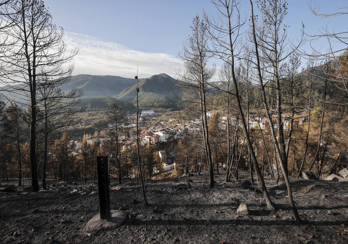 El pueblo de Montán, al fondo, rodeado de montes quemados.