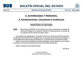 El Gobierno asciende a general a un guardia civil fusilado en 1940