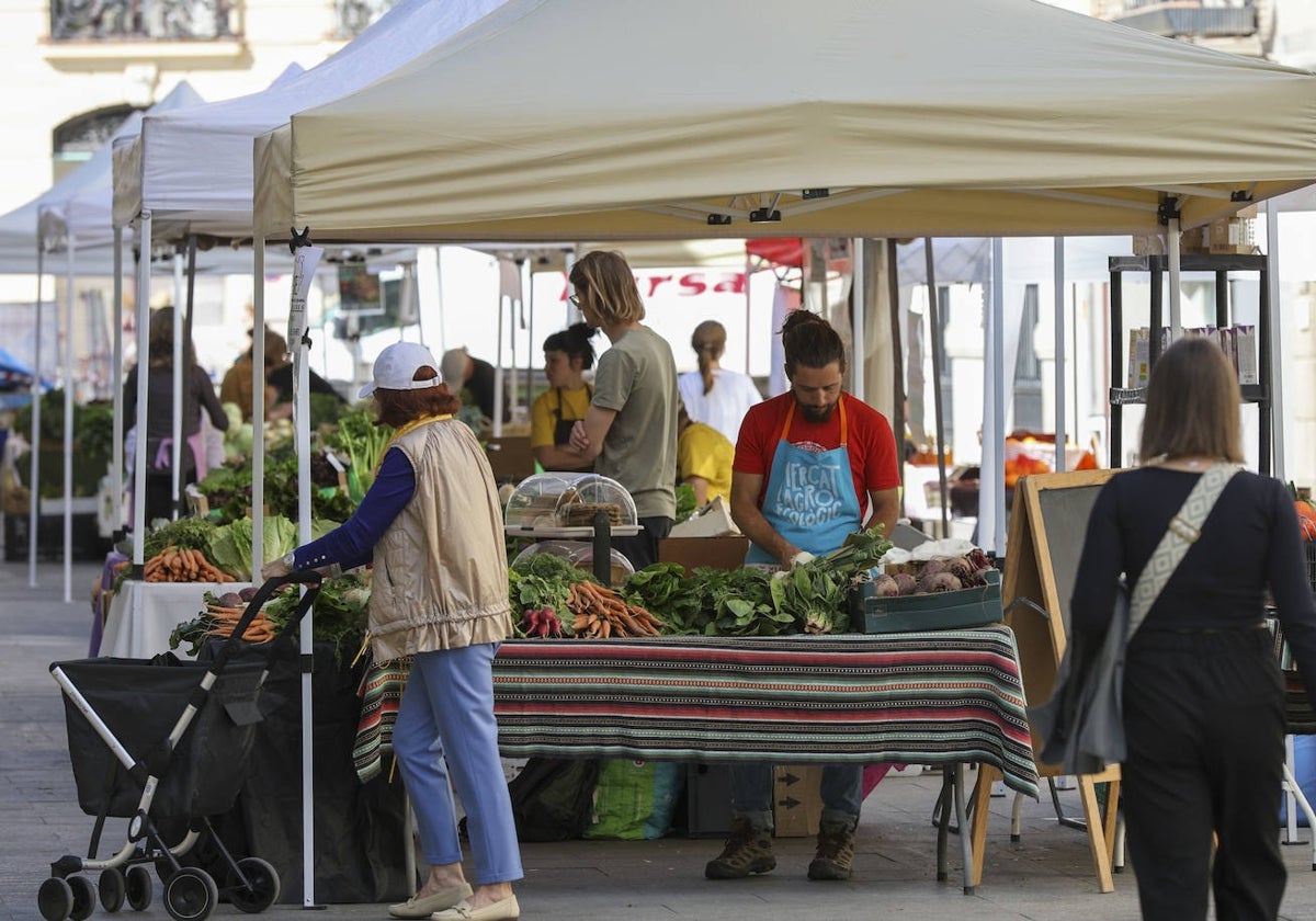 Paradas del mercadillo de tira de contar, en el exterior del Mercado de Colón.