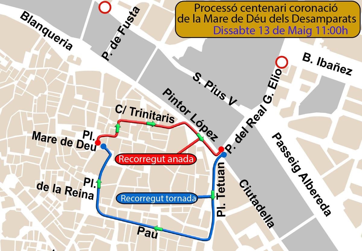 Recorrido de la procesión extraordinaria de este sábado en valencia.