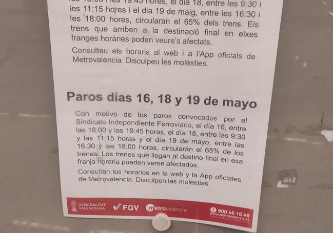 Anuncio de los paros en Metrovalencia.