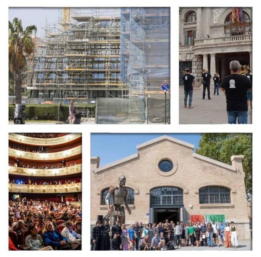 Arriba, el Palau de la Música y la Banda Municipal de Valencia. Abajo, el teatro Principal y la Nave Ribes, un escenario temporal del Escalante.