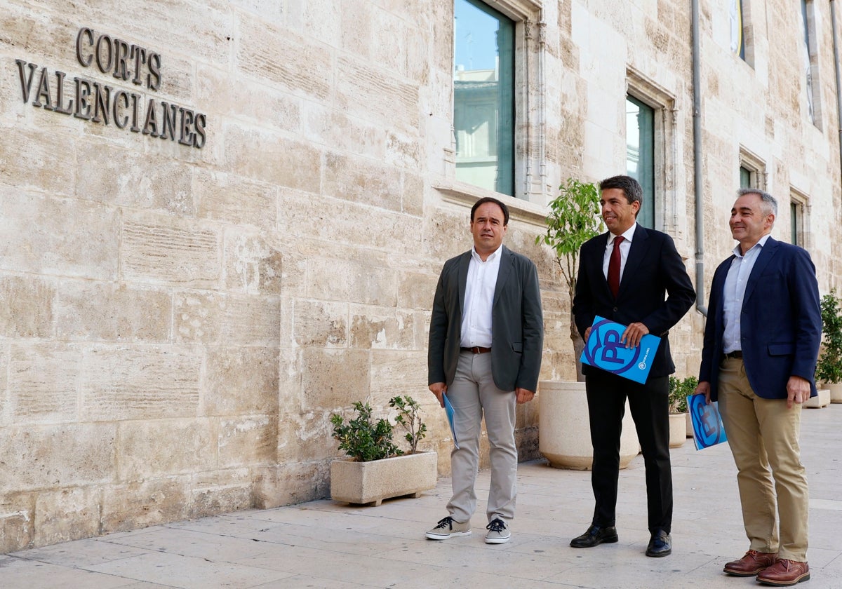 Pérez Llorca, Mazón y Barrachina, este martes a las puertas de Les Corts.