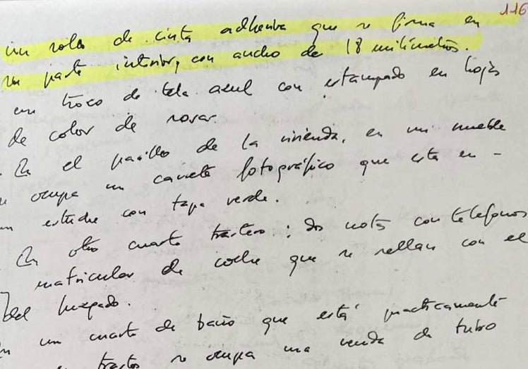 Manuscrito judicial del registro de la casa de Joaquín Ferrándiz donde se constata el hallazgo de la cinta, en septiembre de 1998, en el sumario del caso.