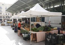 Los puestos de productos agrícolas junto al Mercado de Colón, este martes.