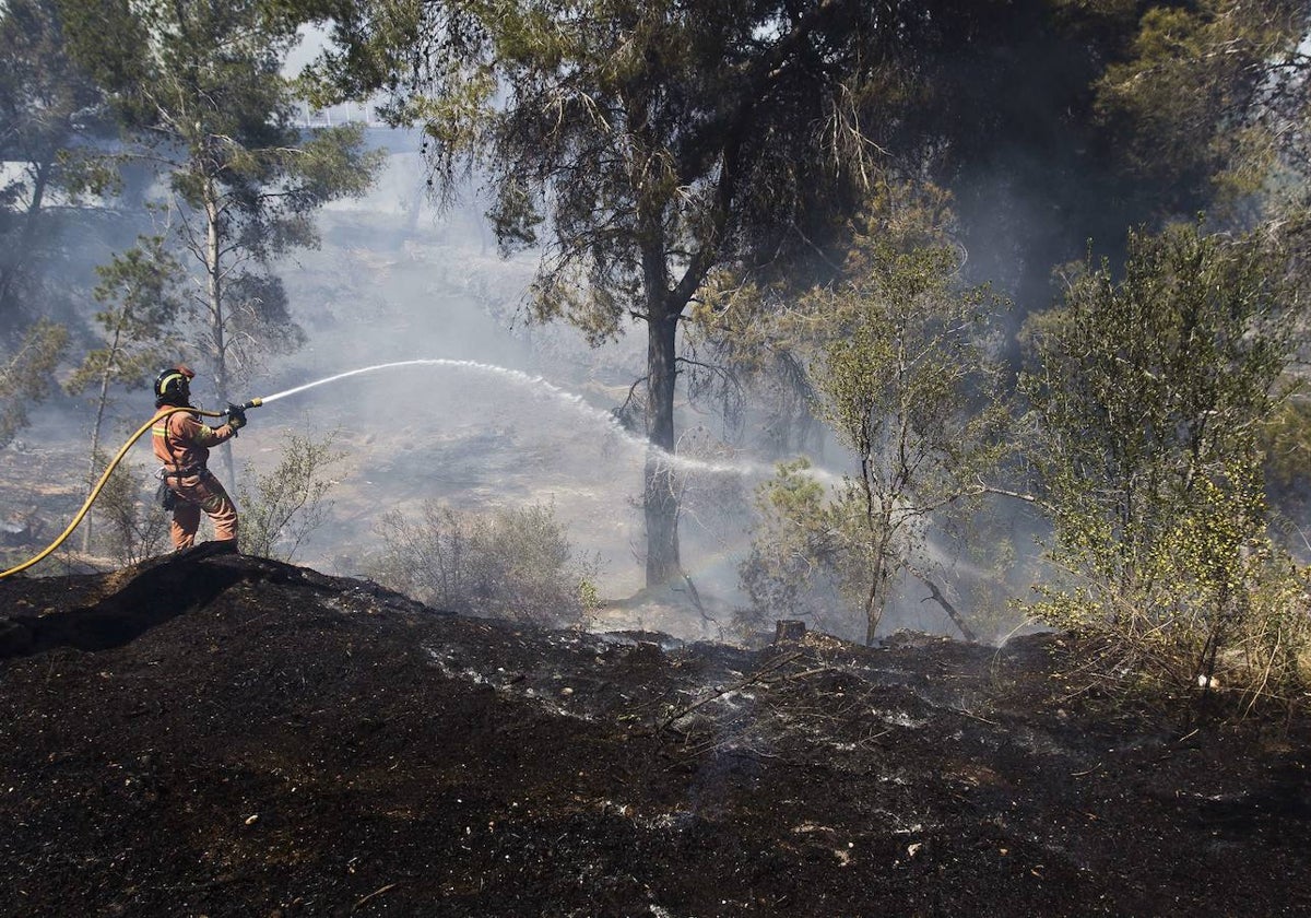 Un bombero sofoca las llamas de un incendio.