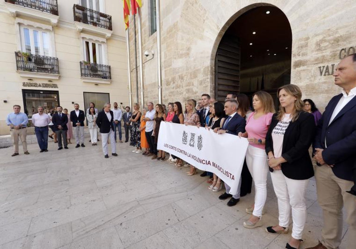 Diputados de Vox, al margen de la pancarta de Les Corts 'contra la violencia machista'.