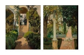 'El Patio de las Danzas. Jardines del Alcázar de Sevilla' y 'Subida al Jardín Alto. Jardines del Alcázar de Sevilla', de Joaquín Sorolla, salen con un precio de salida de 900.000 euros.