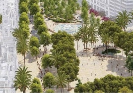 Imagen virtual del proyecto Re-natura para la plaza del Ayuntamiento, con los árboles de hoja caduca representados durante un verano.