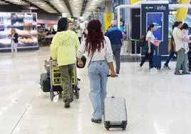 Pasajeros con maletas en el aeropueto.