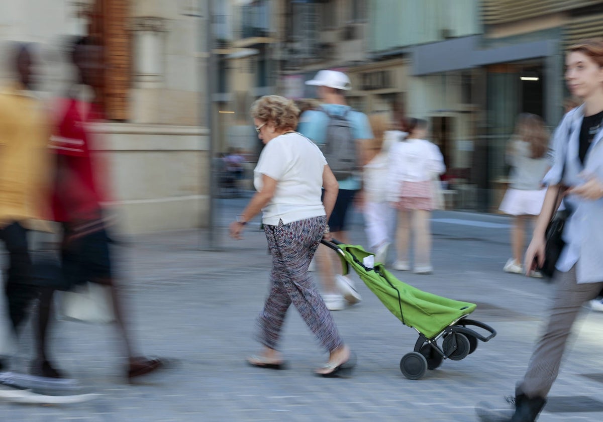 Una mujer con el carro de la cesta de la compra.