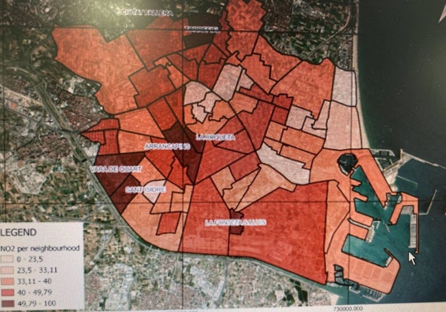 En color oscuro, las zonas con más nivel de contaminación según los estudios de la UPV de 2022.