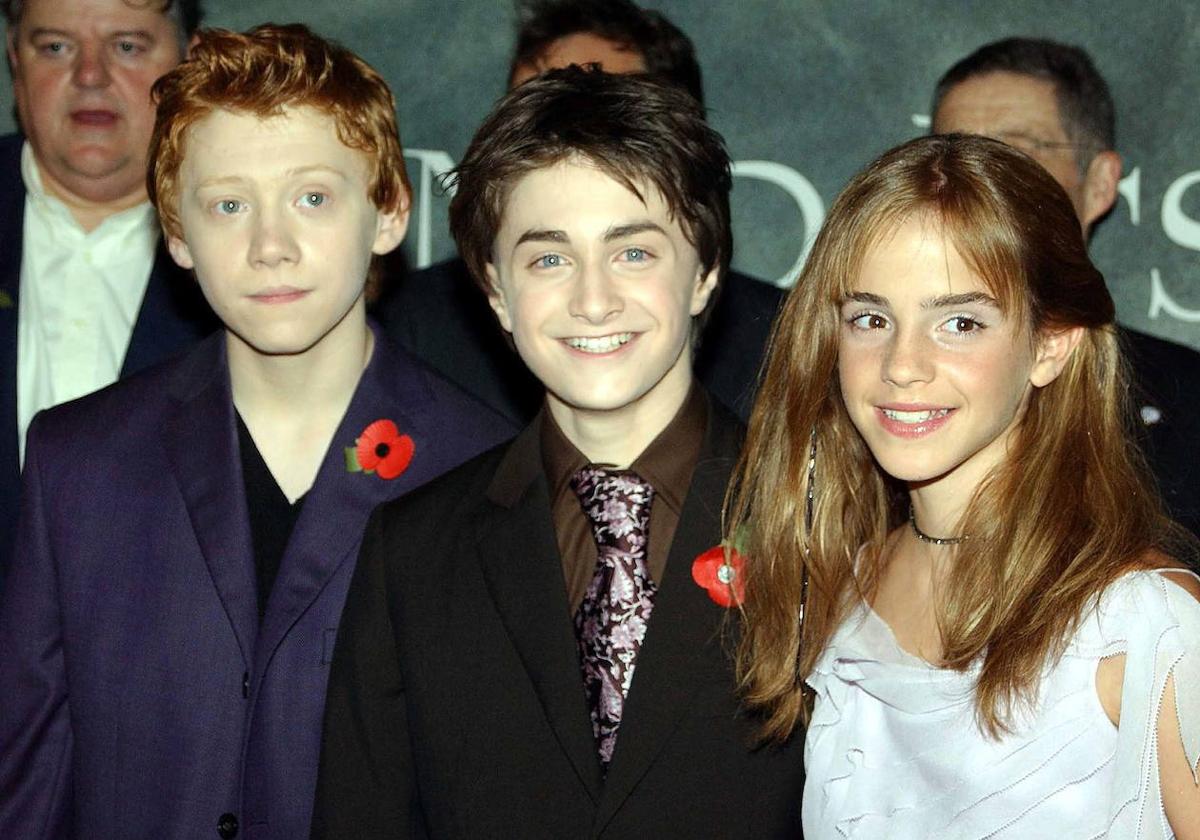 De izquierda a derecha Ruper Grint, Daniel Radcliffe y Emma Watson, actores protagonistas de las películas de Harry Potter