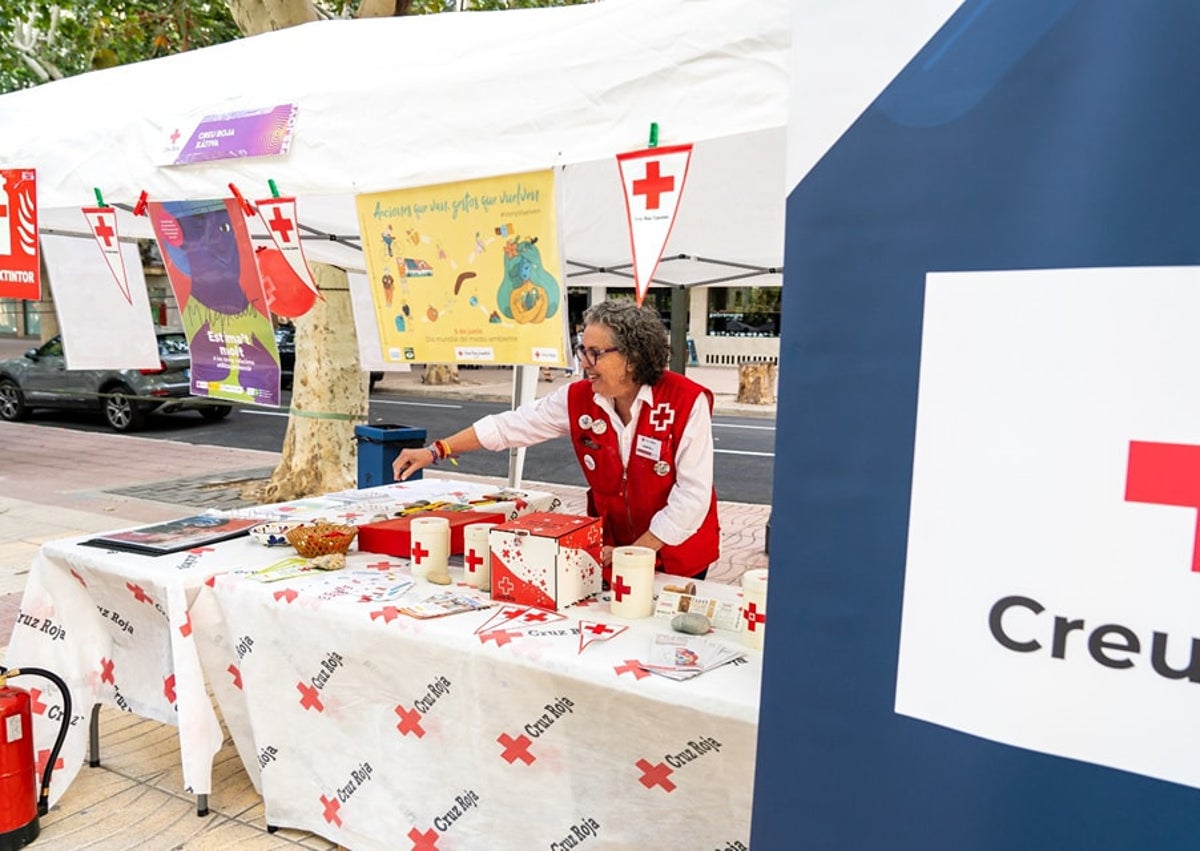 Imagen secundaria 1 - Arriba, inauguración de la exposición por del 150 aniversario con el presidente de Cruz Roja en la provincia de Valencia y el alcalde de Xàtiva; sobre estas líneas, diferentes acciones de la asamblea local para darse a conocer a la sociedad y a los jóvenes.