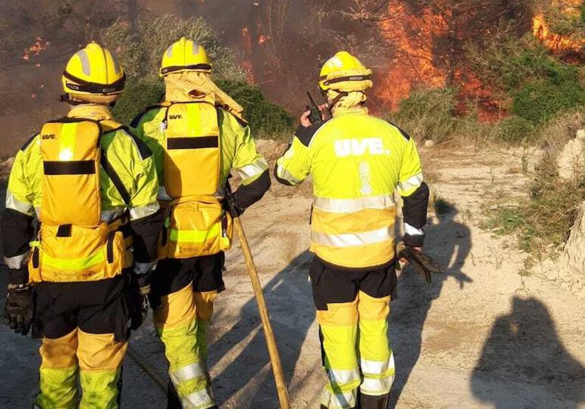 Bomberos forestales en el incendio de Montixelvo.