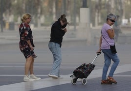 Unos viandantes sufren la virulencia del viento.