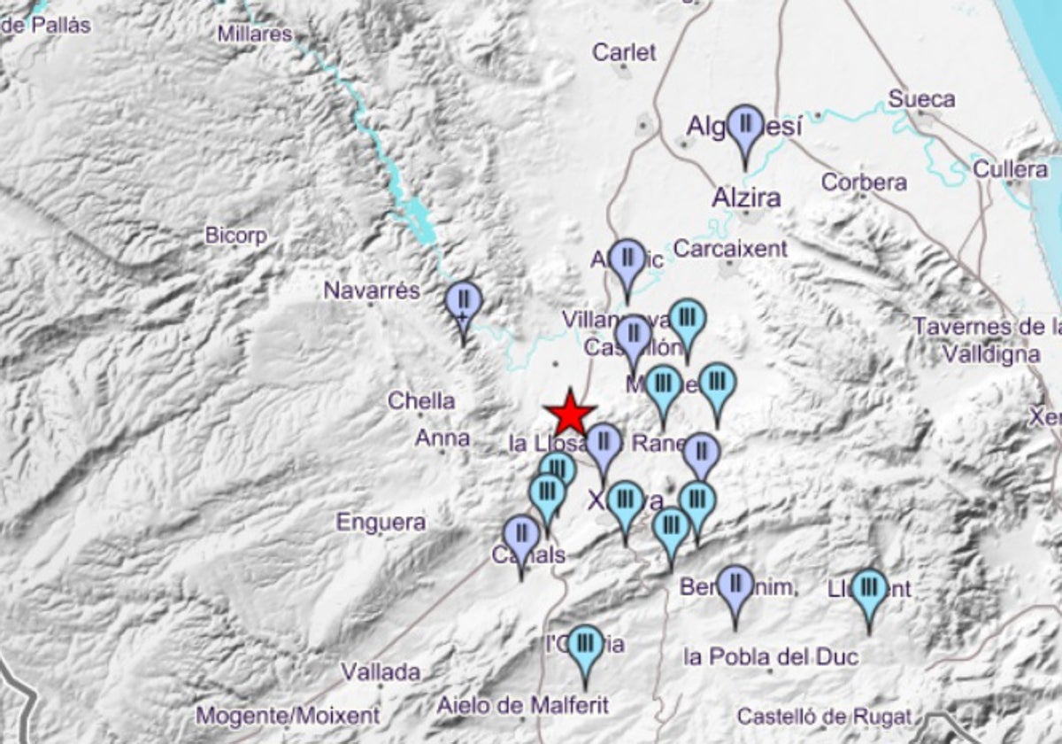 Epicentro y loclaidades en las que se ha sentido el terremoto.