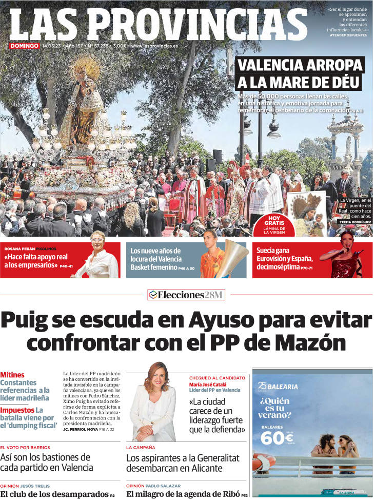 Portada de LAS PROVINCIAS publicada el 14 de mayo de 2023