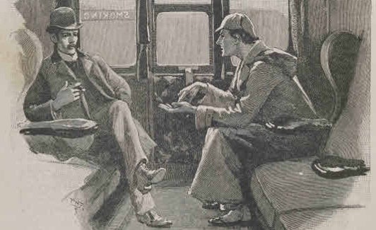 Sherlock Holmes conversa con Doctor Watson en el vagón de un tren. Ilustración del relato 'Estrella de plata« del escritor Arthur Conan Doyle. 1892. 