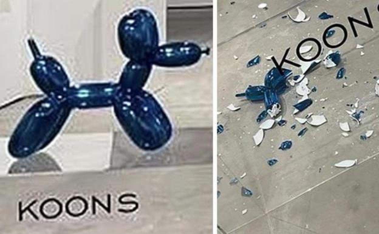 La obra 'Balloon-dog' de Jeff Koons, destrozada en Miami.