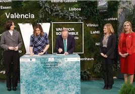 La alcaldesa de Valencia, María José Catalá, y Patrick Child, director general adjunto de Medio ambiente de la Comisión Europea, junto a la consellera de Ciencia, Diana Morant, la delegada del Gobierno, Pilar Bernabé, y la consellera Salomé Pradas.