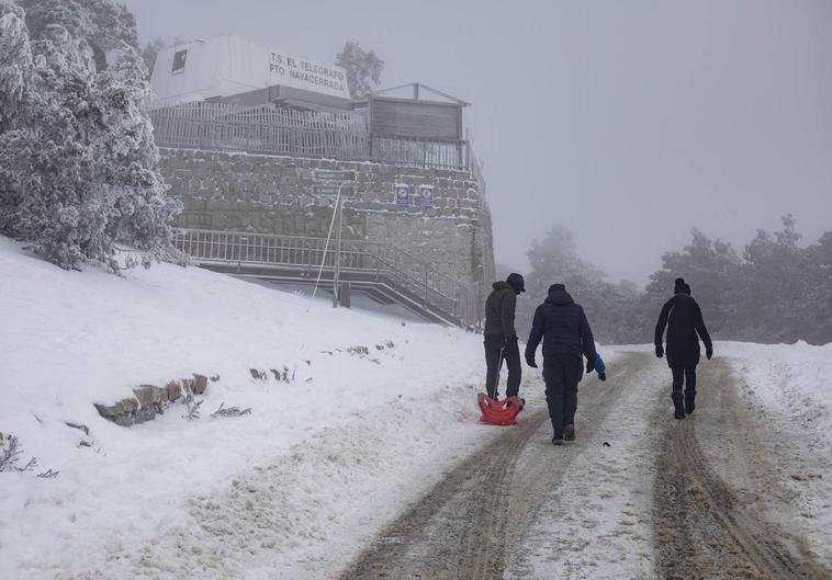 Varias personas arrastran un trineo en el Puerto de Navacerrada este viernes.
