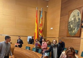 Los diputados socialistas abandonan esta mañana el hemiciclo de la corporación provincial.