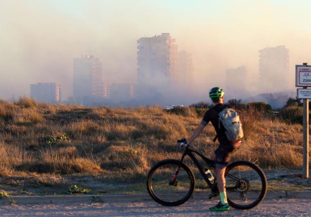 Un ciclista observa el incendio, este lunes por la tarde en la Devesa.